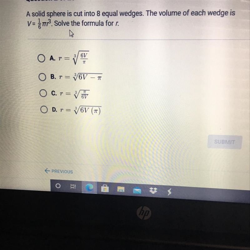 A solid sphere is cut into 8 equal wedges. The volume of each wedge is V= dor? Solve-example-1