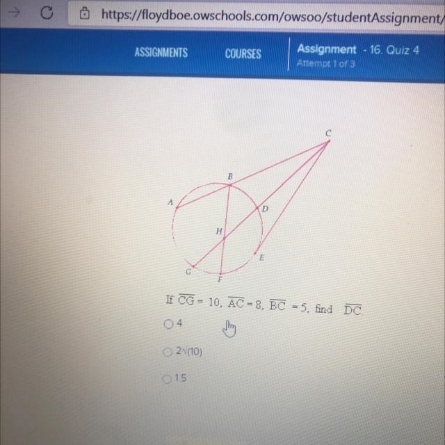 If CG = 10 AC = 8 BC = 5 find DC-example-1