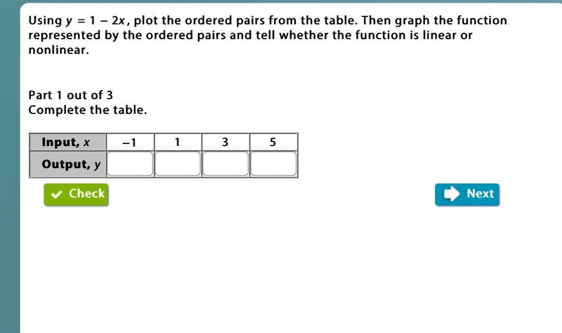 Using y = 1 − 2x, plot the ordered pairs from the table. Then graph the function represented-example-1