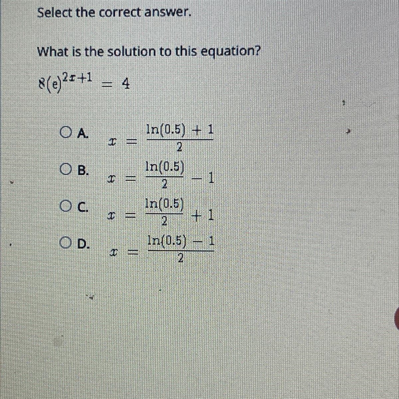 Select the correct answer. What is the solution to this equation? 8(e)25+1 4 OA. = OB-example-1