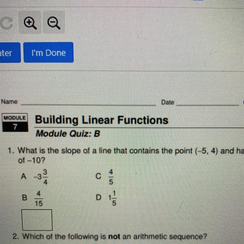 1. What is the slope of a line that contains the point (-5, 4) and has a x-intercept-example-1