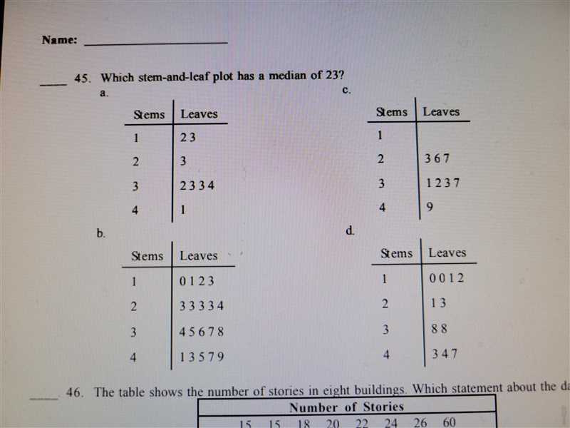 Which stem-and-leaf plot has a median of 23?-example-1