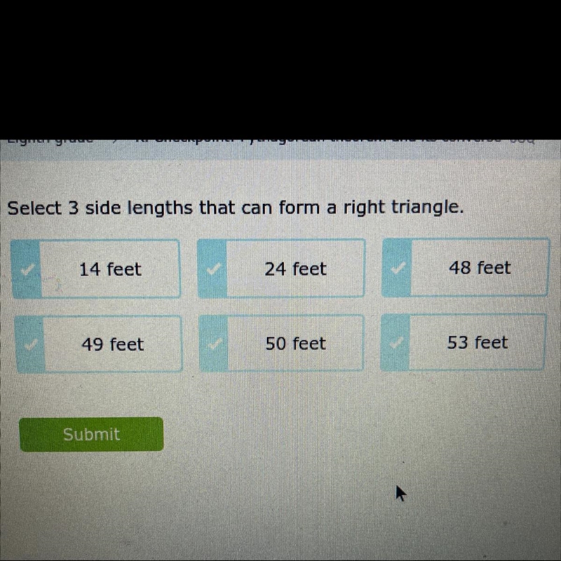 Select 3 sides that can form a right triangle.-example-1