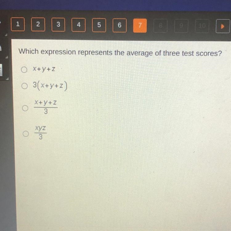 Which expression represents the average of three test scores?-example-1