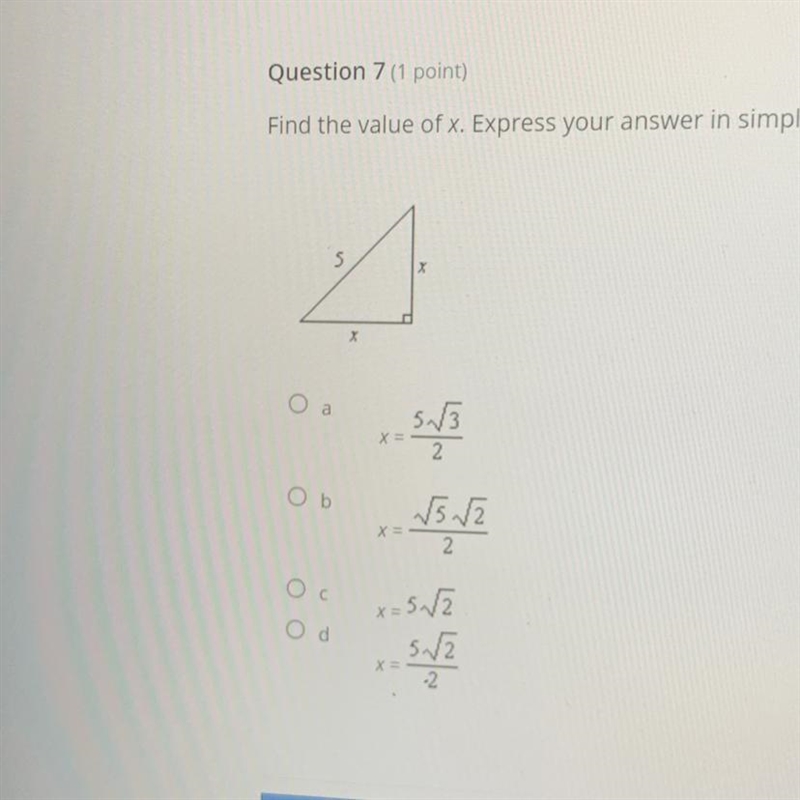 Find the value of x. Express your answer in simplest radical form.-example-1