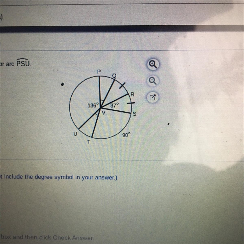 Use circle V to find the arc measure for arc PSU.-example-1