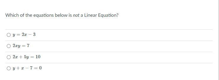 Which of the equations below is not a Linear Equation?-example-1