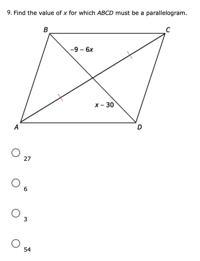 Help! Find the value of x for which ABCD must be a parallelogram.-example-1