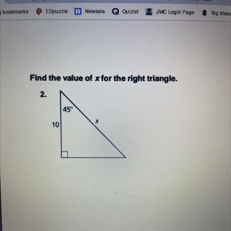 Find the value of x for the right triangle. 45° х 10-example-1