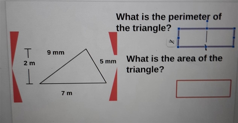 PLEASE HELPPPP! what is the perimeter of the triangle? what is the area or the triangle-example-1