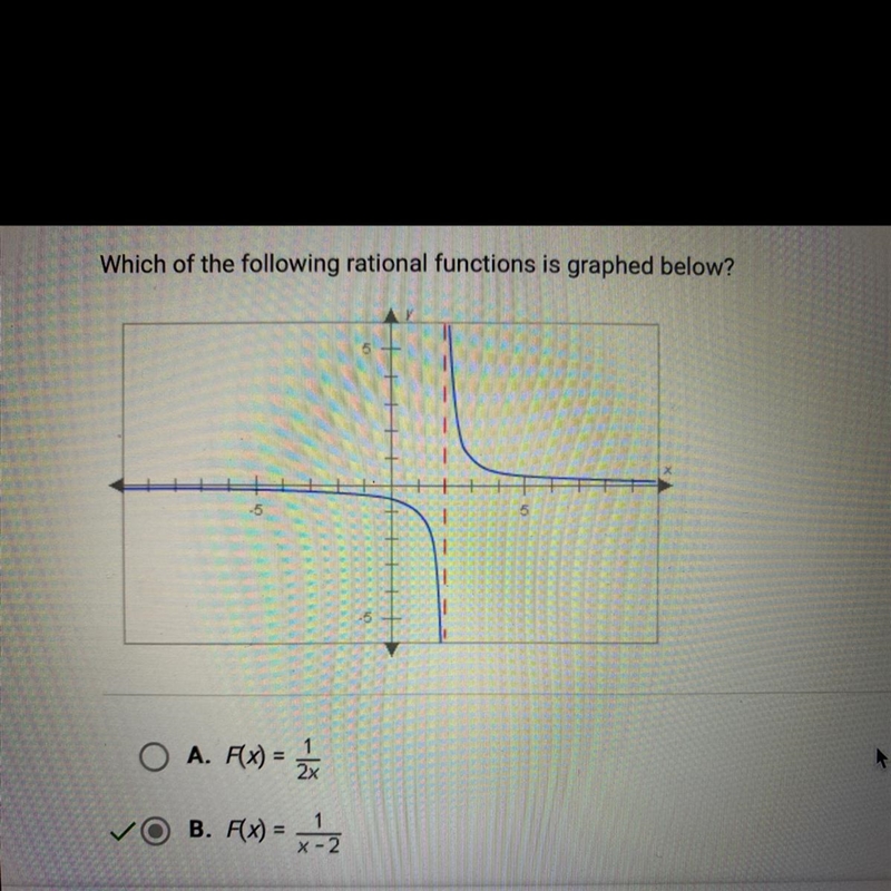 Which of the following rational functions is graphed below? o A. F(x) = 1/2x B. AX-example-1