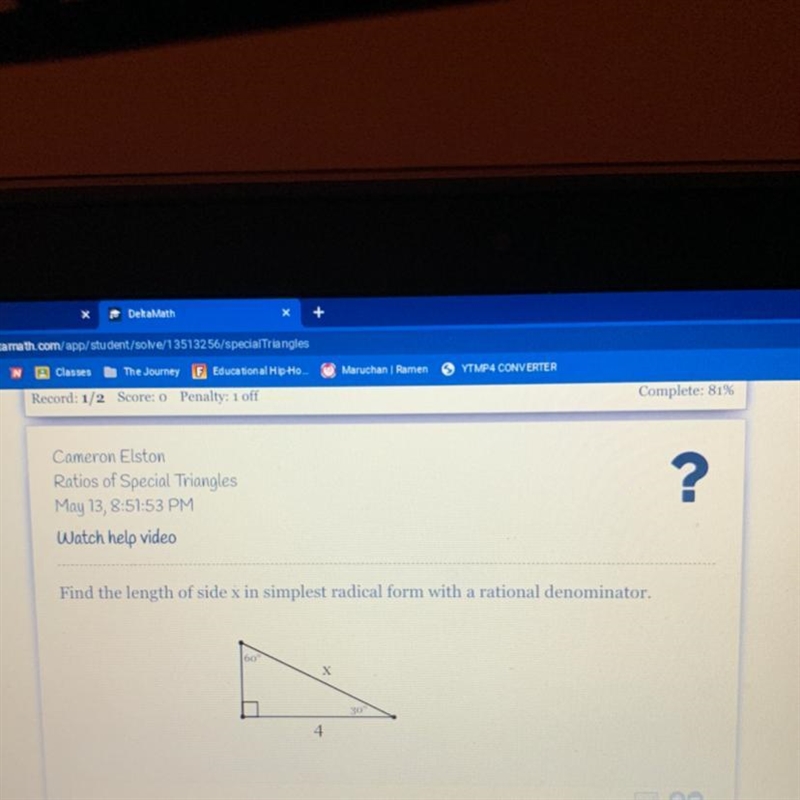 Find the length of side x in simplest radical form with a rational denominator.-example-1