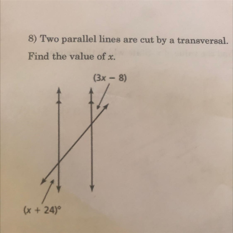 Two parallel lines are cut by a transversal. Find the value of x-example-1