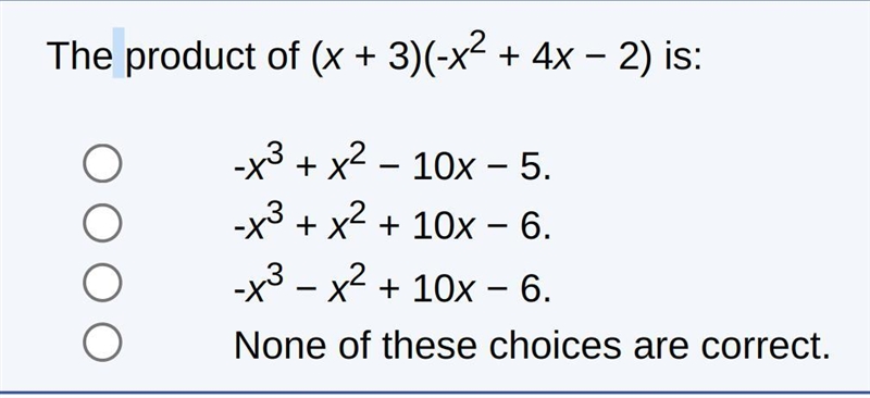 The product of (x + 3)(-x2 + 4x − 2) is:-example-1