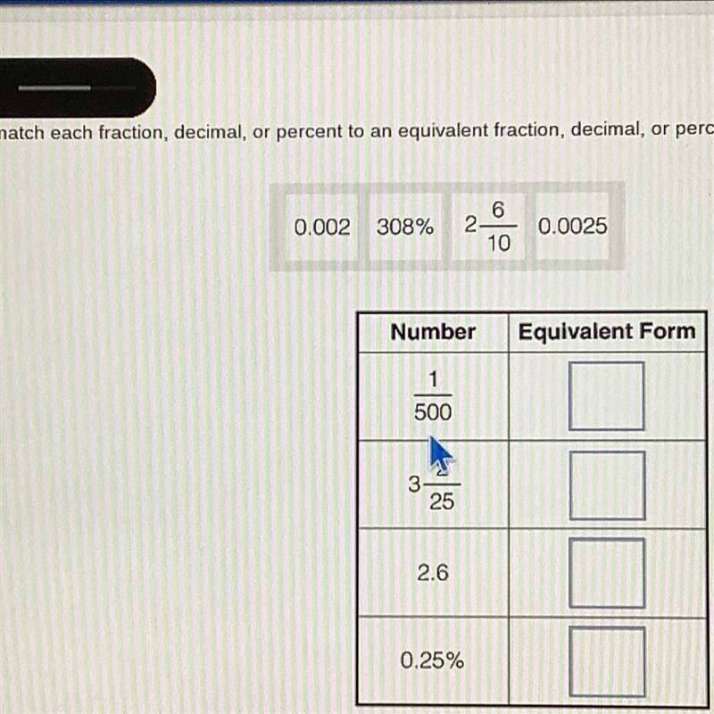 Drag tiles to match each fraction, decimal, or percent to an equivalent fraction, decimal-example-1