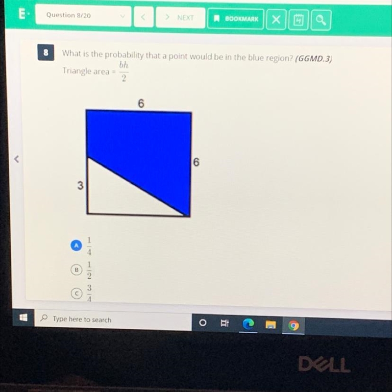 What is the probability that a point would be in the blue region? Triangle area=bh-example-1