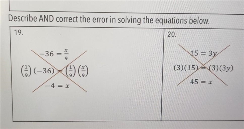 Describe and correct the error in solving the equations below​-example-1