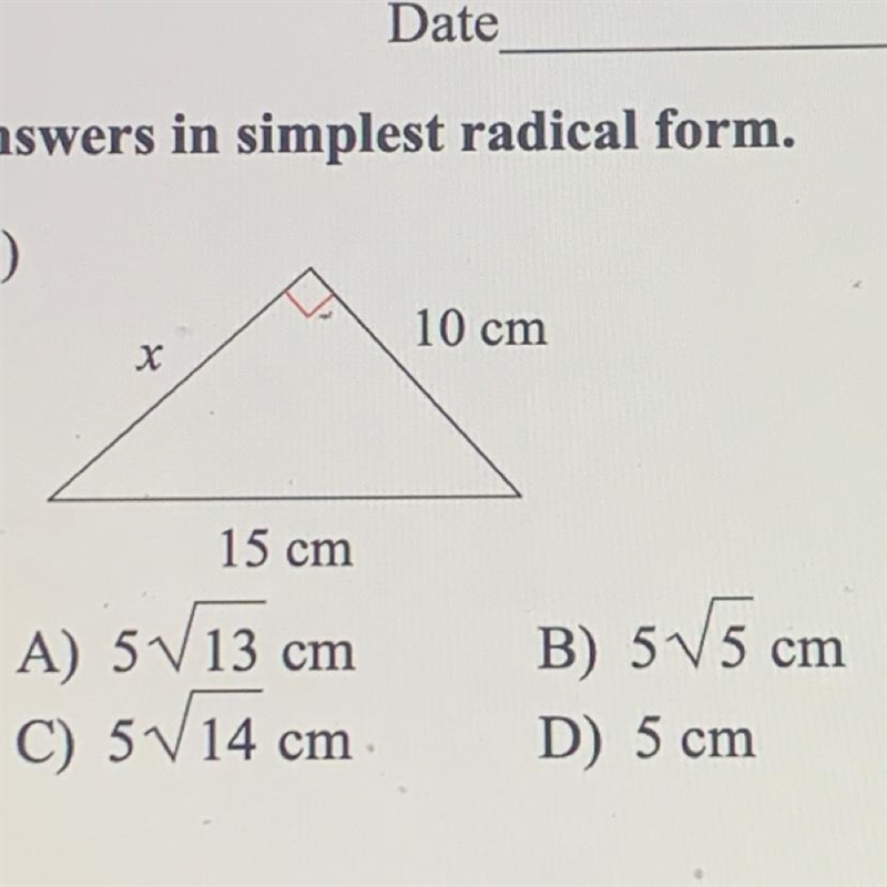 10 cm х 15 cm A) 5V 13 cm C) 5V 14 cm B) 5V5 cm D) 5 cm-example-1