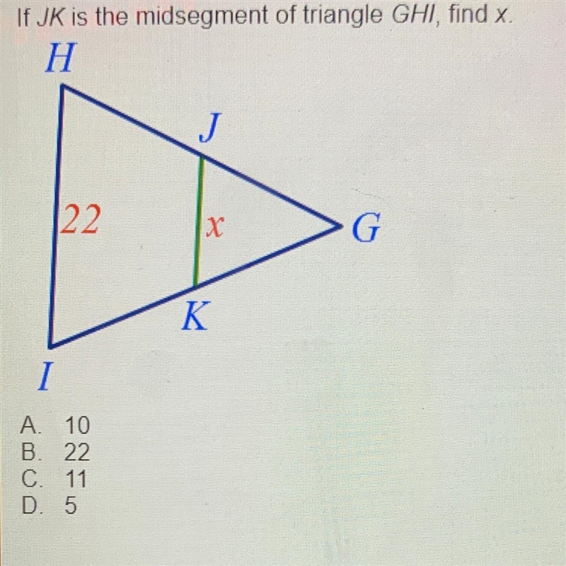 If JK is the midsegment of triangle GHI, find x-example-1