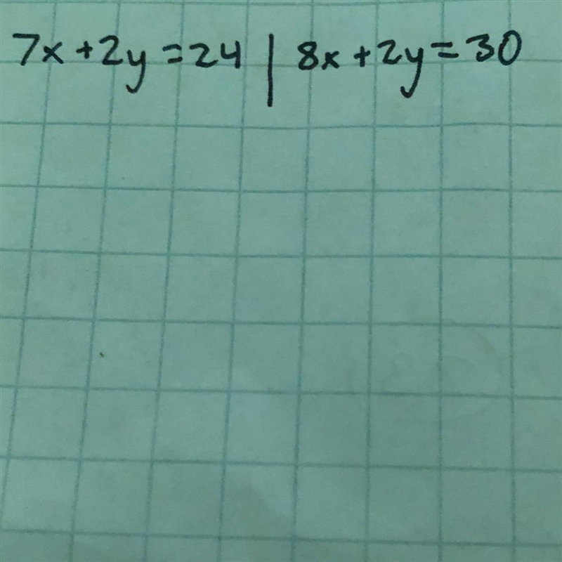 Please help using elimination ! 7x+2y=24 8x+2y=30-example-1