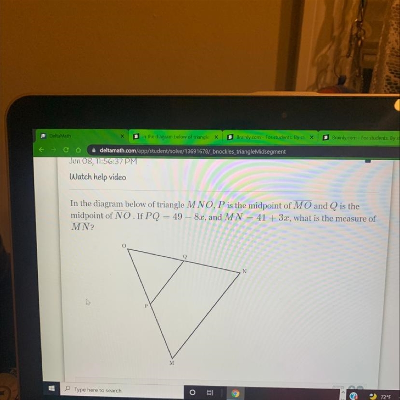 Watch help video In the diagram below of triangle MNO, P is the midpoint of MO and-example-1