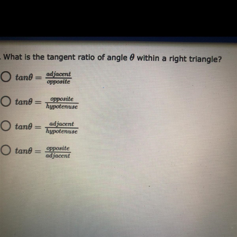 What is the tangent ratio of angle within a right triangle?-example-1