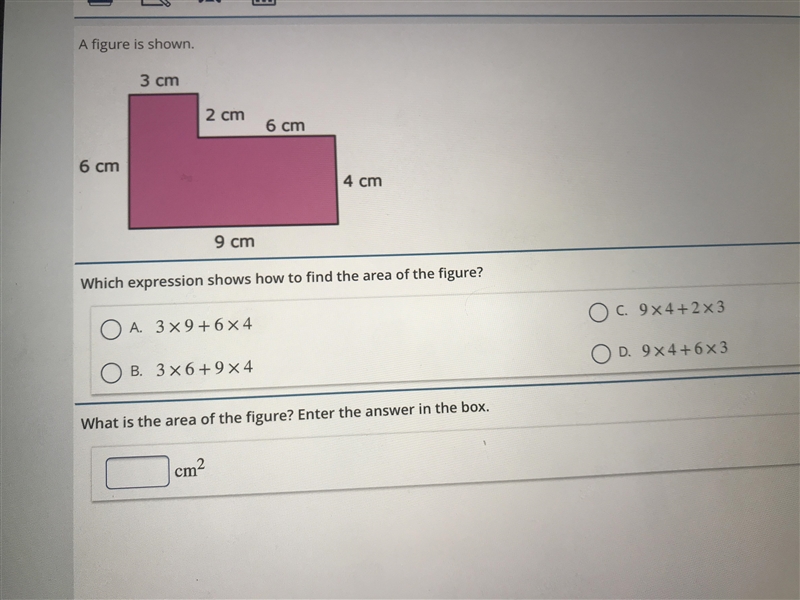 Which expression shows how to find the area of the figure? What is the area of the-example-1