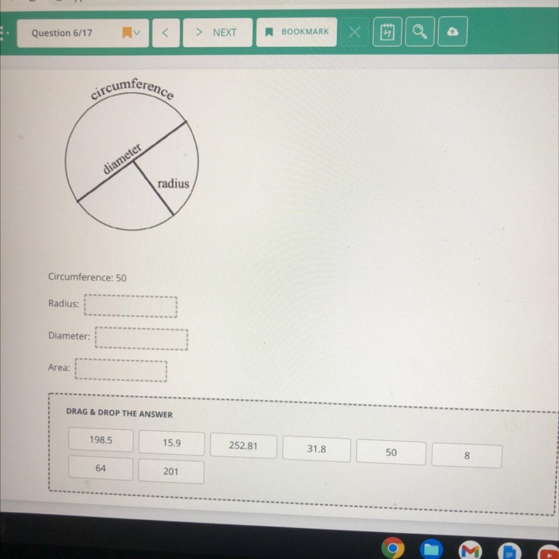 6 If the circumference of the circle is 50, find the approximate radius, diameter-example-1