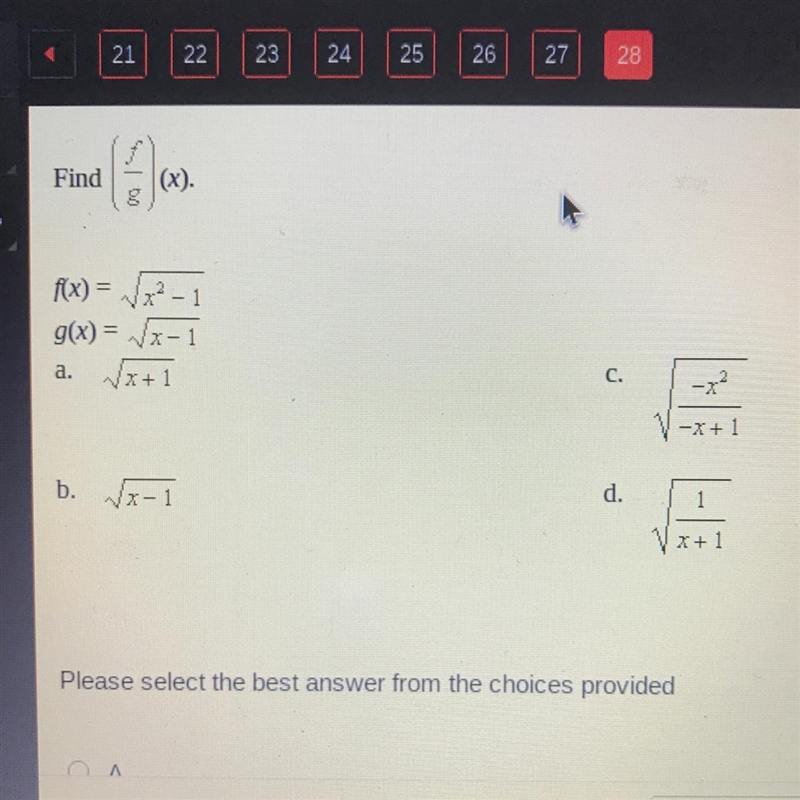 Find (f/g)(x). f(x)=/x^2-1 g(x)=/x-1-example-1