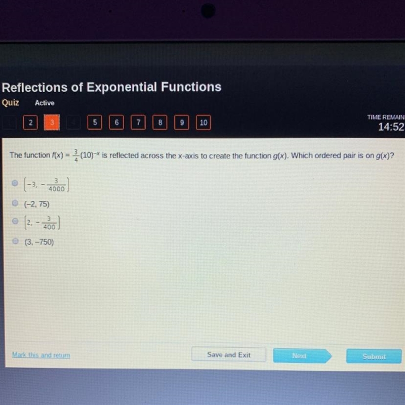 The function f(x)= 3/4(10)-x is reflected across the x-axis to creat the function-example-1