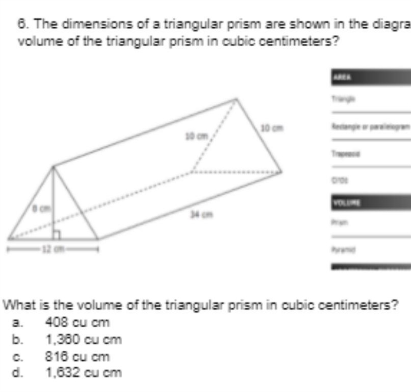 100 12 a. What is the volume of the triangular prism in cubic centimeters? a. 408 cu-example-1