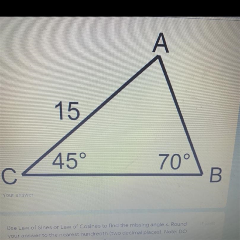 Use of law of sines or law of cosines to find the length of side AB PLEASE SHOW WORK-example-1