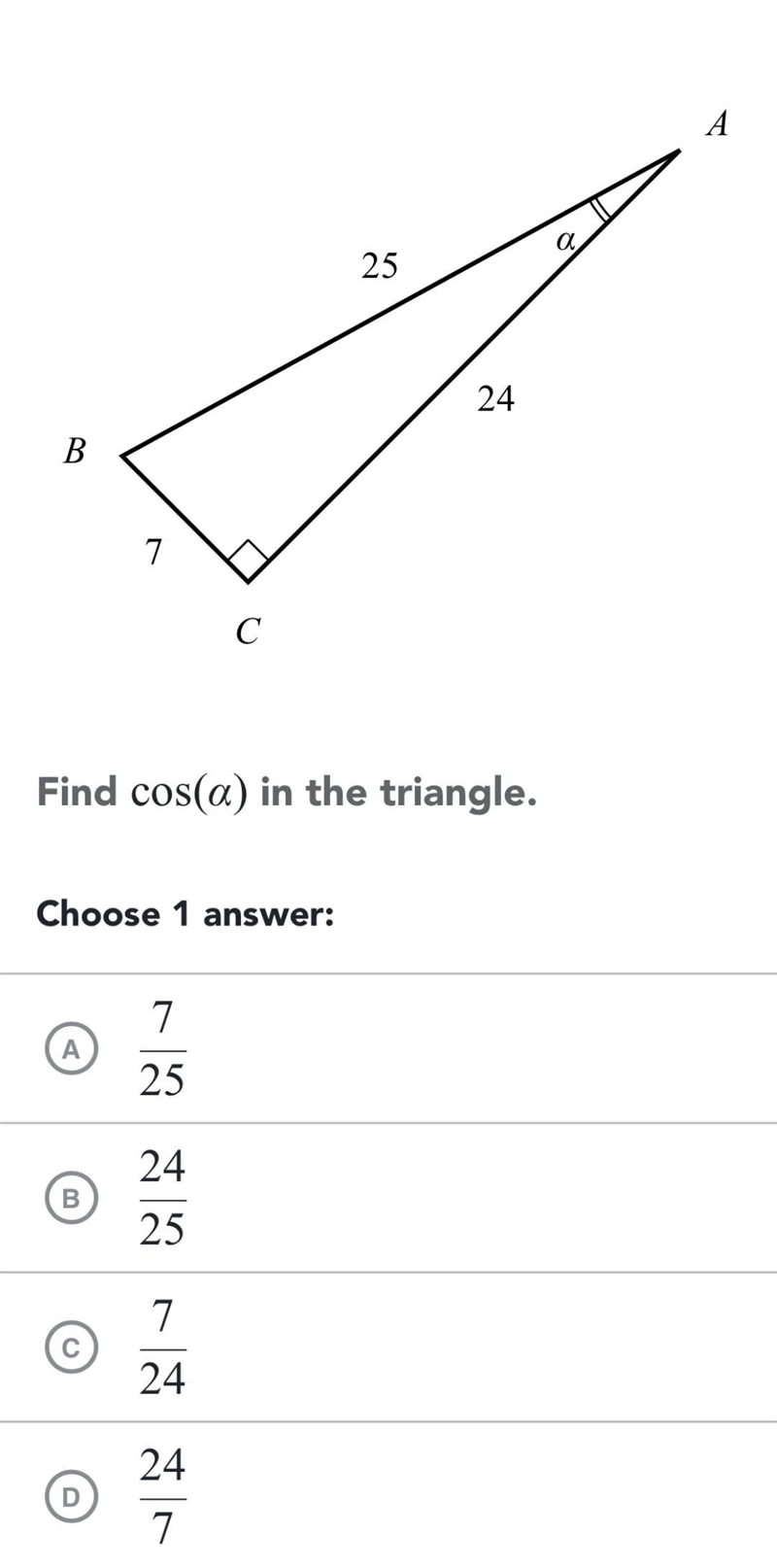 Find cos(a) in the triangle.-example-1