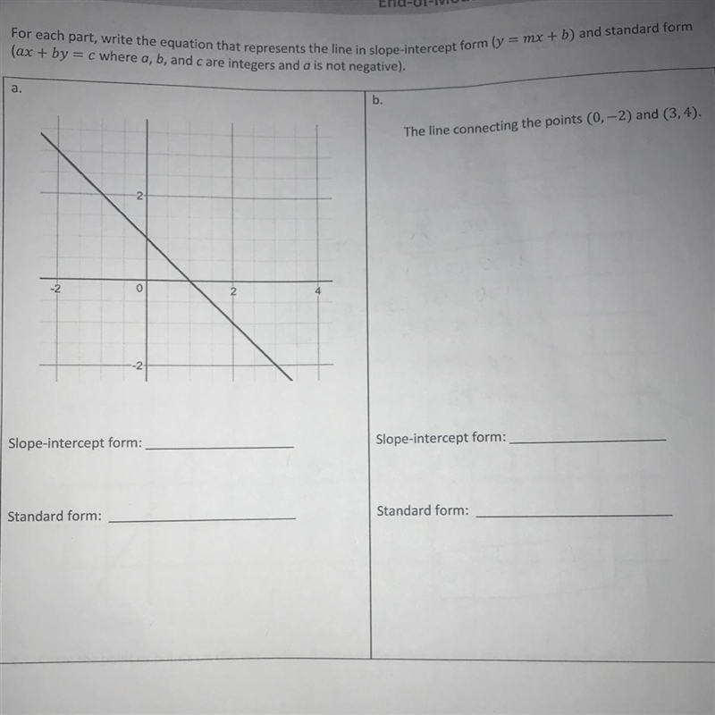 For each part, write the equation that represents the line in slope-intercept form-example-1