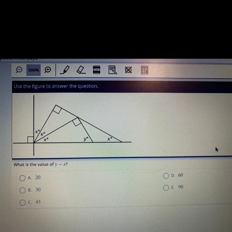 What is the value of y - X? A. 20 D B. 30 O E. о O C. 45-example-1