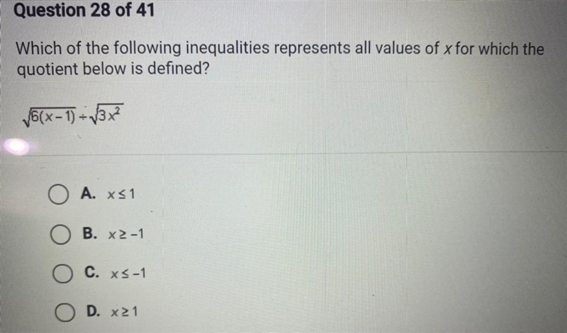 Which of the following inequalities represents all values of X for which the quotient-example-1