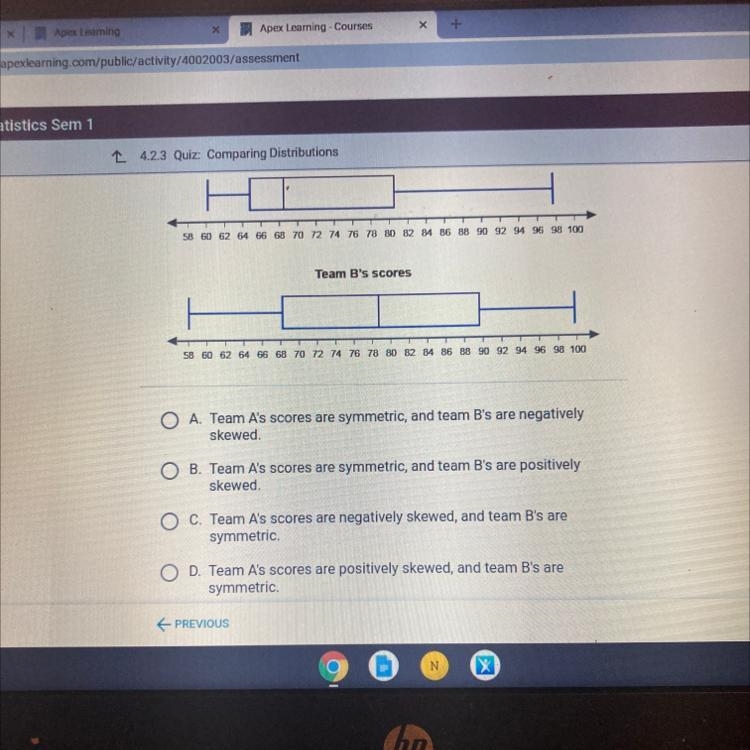 Which statement correctly compares the shapes of the distribution￼?-example-1