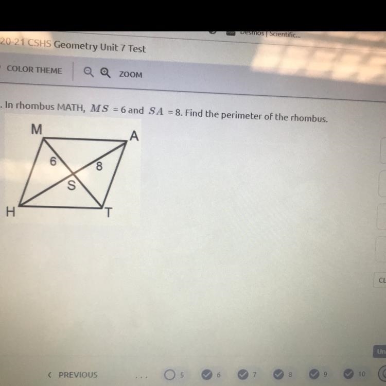 11. In rhombus MATH, MS = 6 and SA = 8. Find the perimeter of the rhombus. M А 8 A-example-1