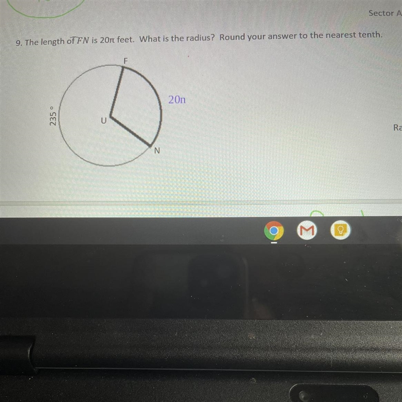 Find the length of FN is 20*pie ft. what is the radius round your answer to the nearest-example-1