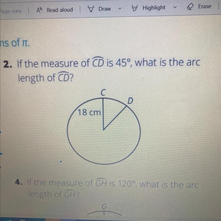 If the measure of CD is 45°, what is the arc length of CD? C С 18 cm-example-1