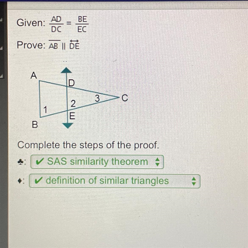 Given to BE EC Prove: AB || DE A D 3 C 1 2 E B Complete the steps of the proof.-example-1