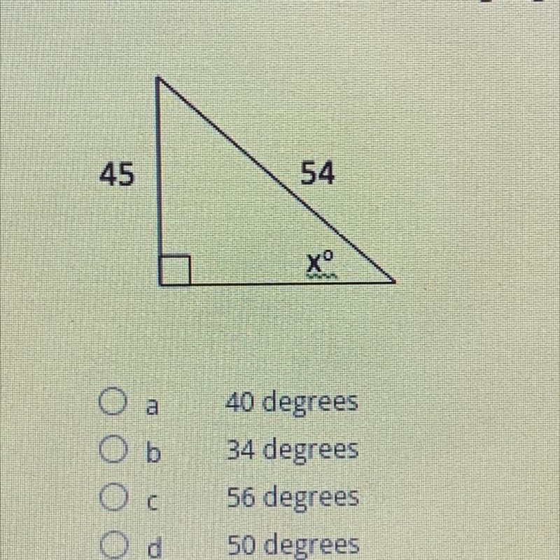 What is the measure of the missing angle of the triangle? Round your answer to the-example-1