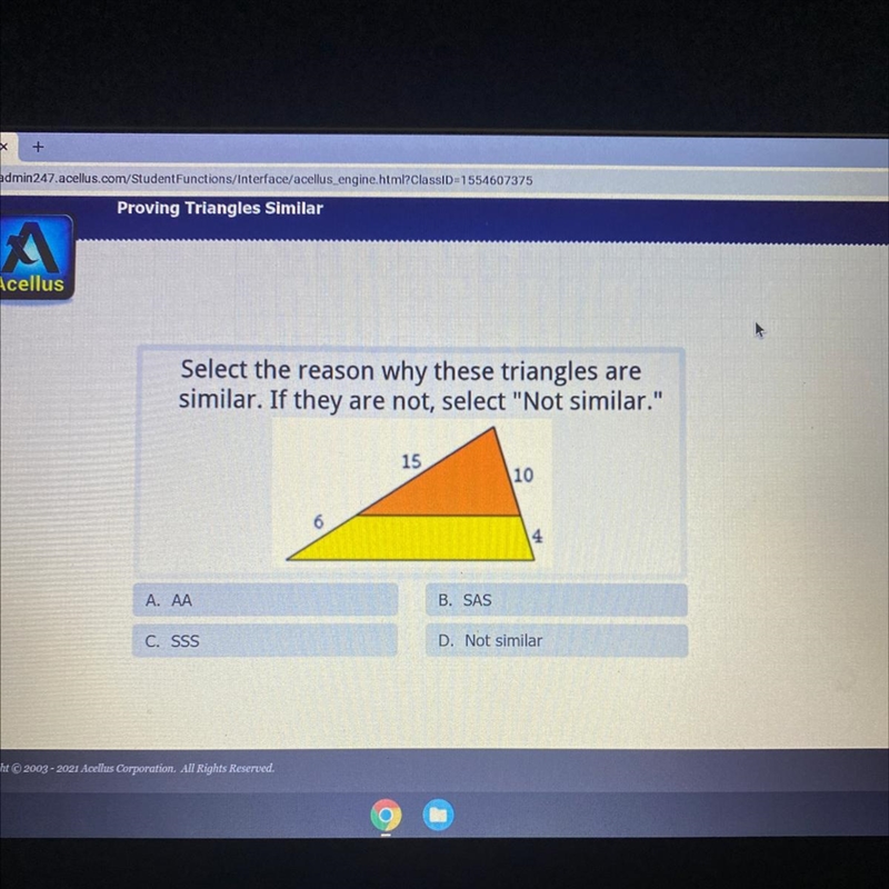 Select the reason why these triangles are similar. If they are not, select "Not-example-1