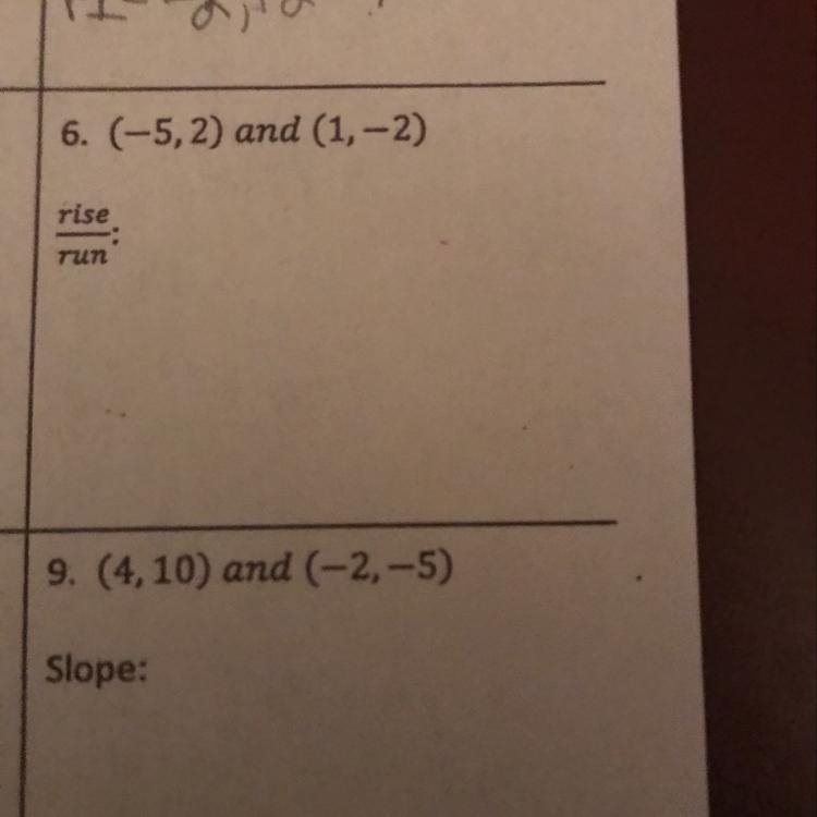 Rise over run (-5,2) and (1,-2) (4,10) and (-2,-5) slope-example-1