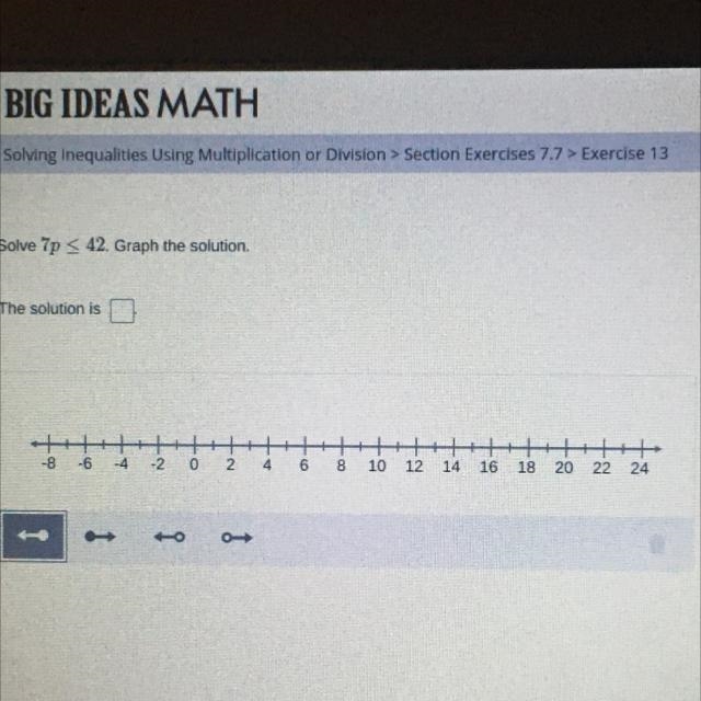 Solve 7p ≤ 42. Graph the solution.-example-1