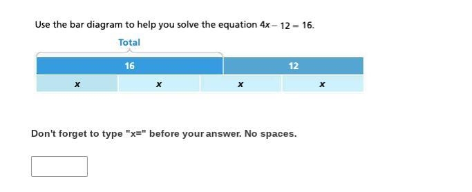 Use the bar diagram to help you solve the equation 4x-12=16.-example-1