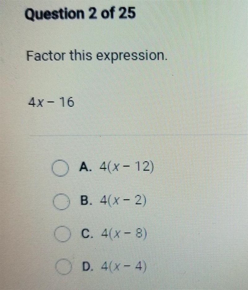 Factor this expression. 4 x - 16​-example-1