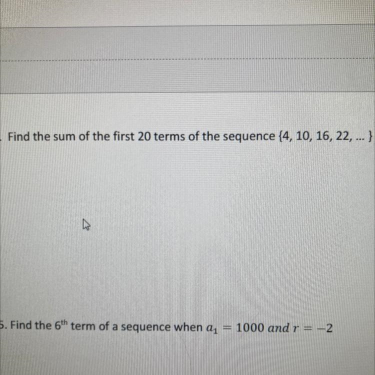 Find the sum of the first 20 terms of the sequence {4,10,16,22,...} step by step-example-1