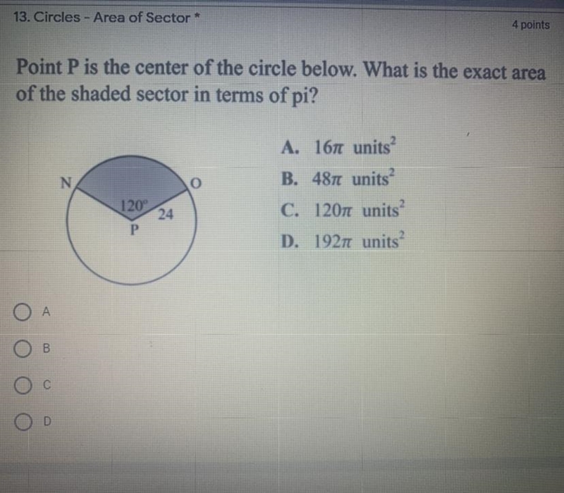 Point P is the center of the circle below. What is the exact area of the shaded sector-example-1