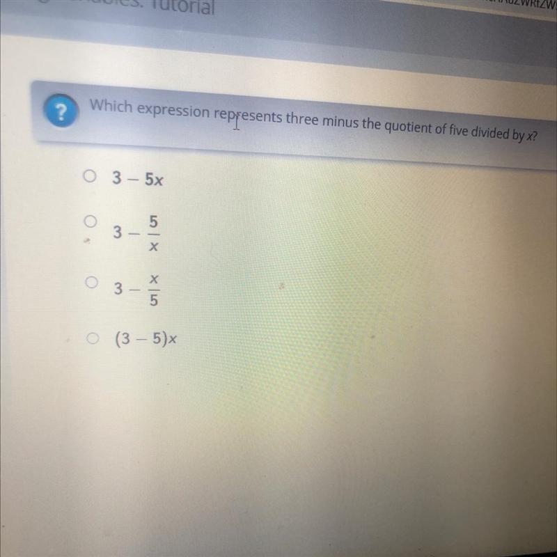 ? Which expression represents three minus the quotient of five divided by x?-example-1